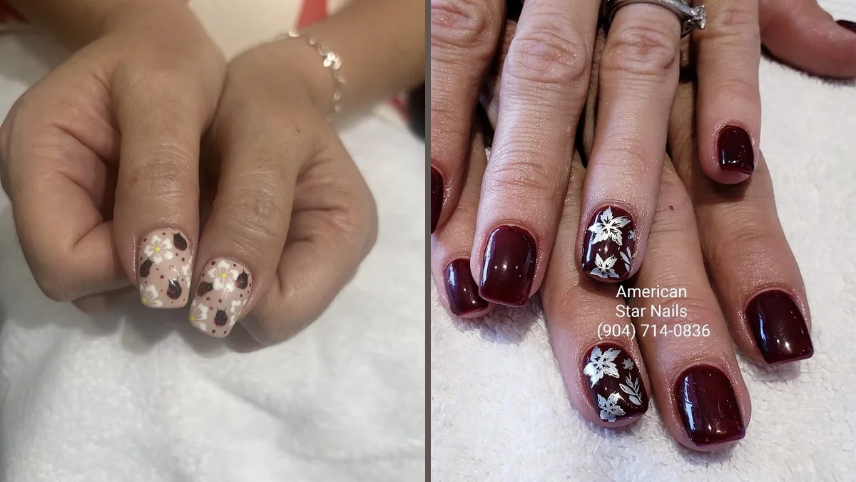 Manicured nails with glossy polish on display.
