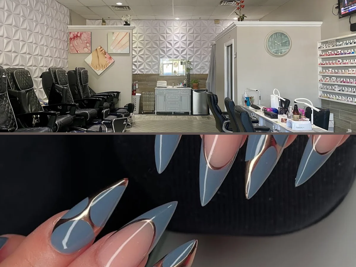 Nail salon station with polish bottles nearby.